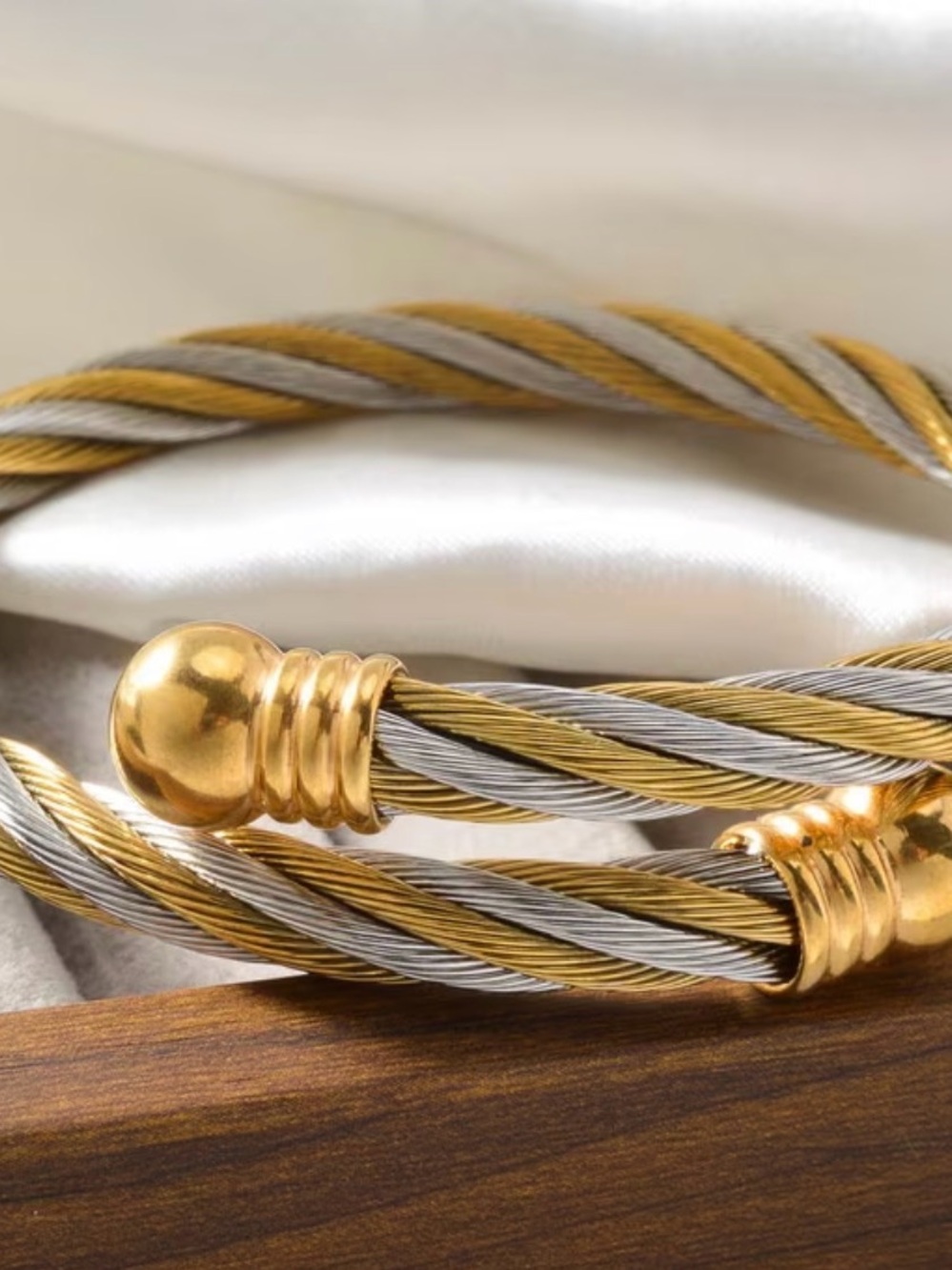 Two-Tone Gold and Silver Twisted Cable Cuff Bracelet